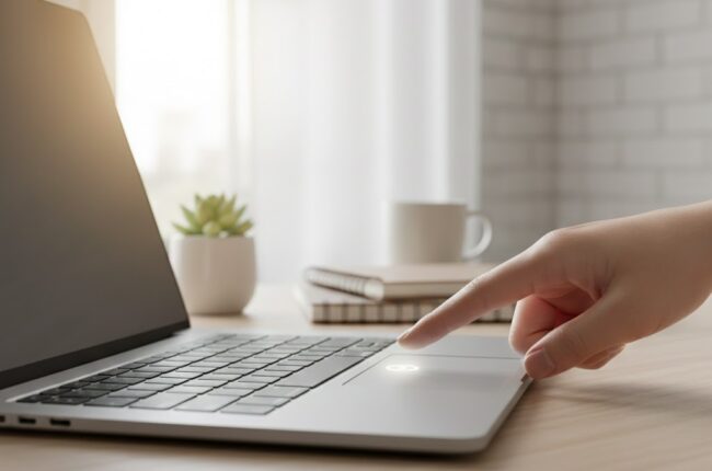 A high-quality photo of a finger pressing the power button on a silver laptop to restart a slow computer.
