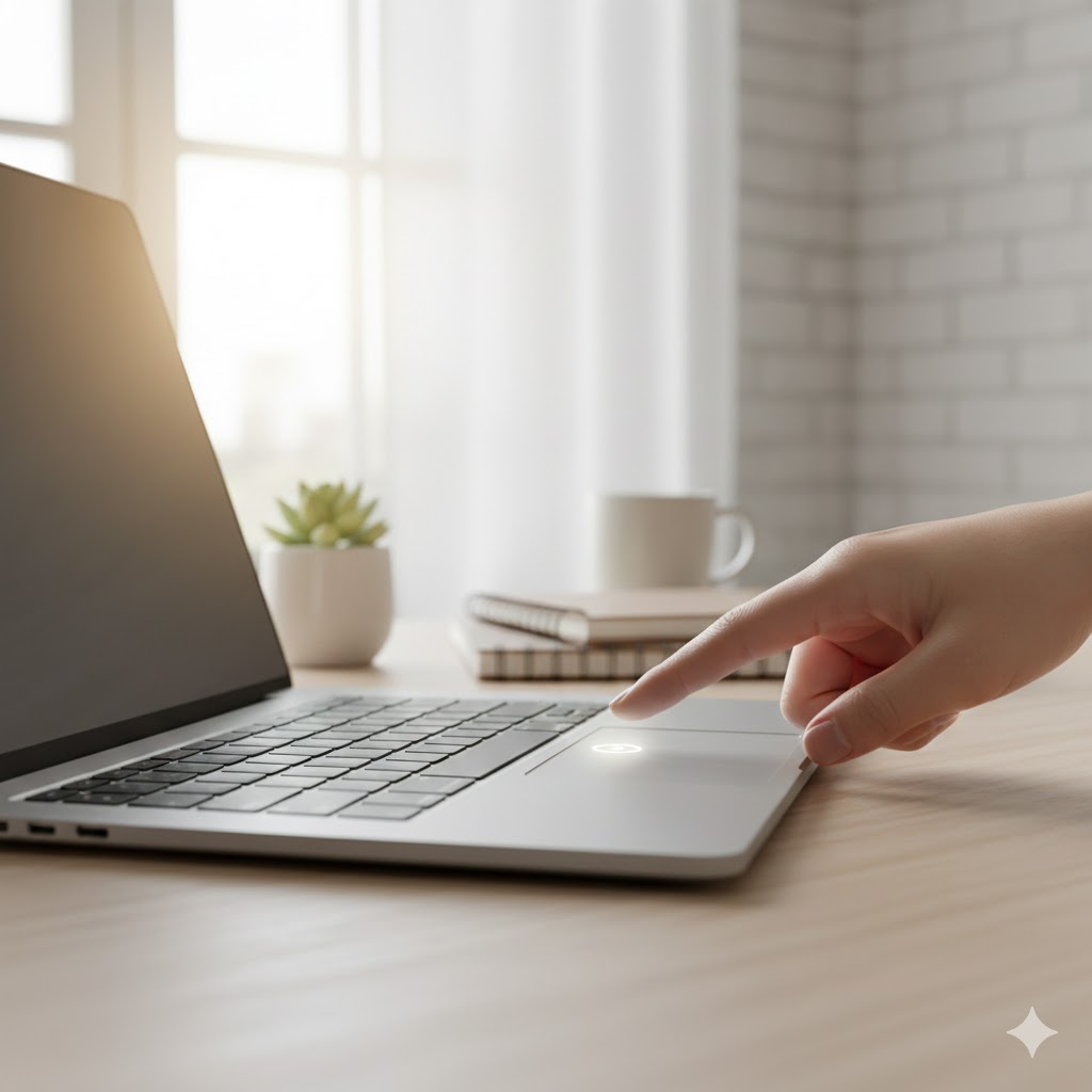 A high-quality photo of a finger pressing the power button on a silver laptop to restart a slow computer.
