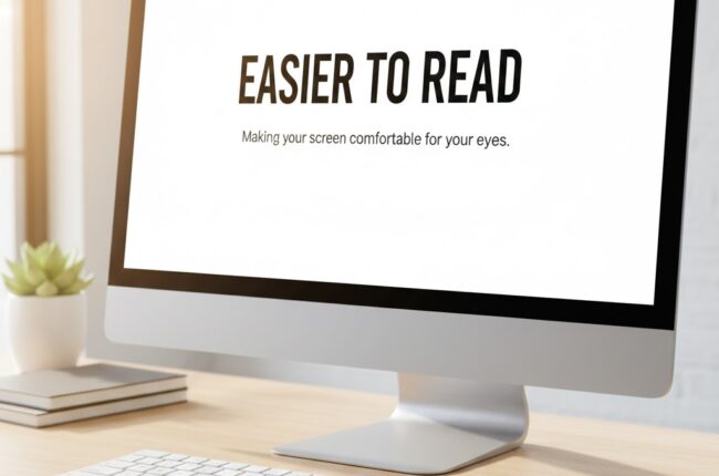 A bright, clear desktop monitor with large, easy-to-read text sitting on a clean wooden desk.