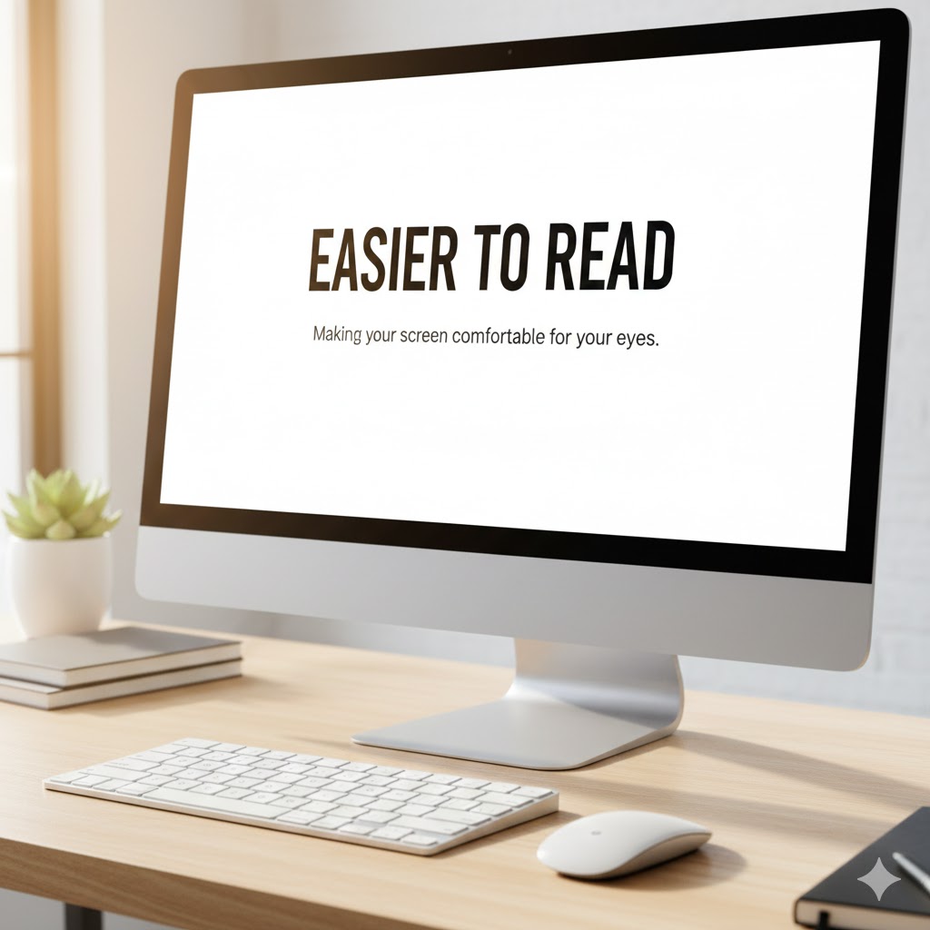 A bright, clear desktop monitor with large, easy-to-read text sitting on a clean wooden desk.
